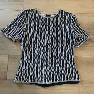 Vintage Stenay Black Silk Women’s Sequin Pearl Striped Short Sleeve Top Size L